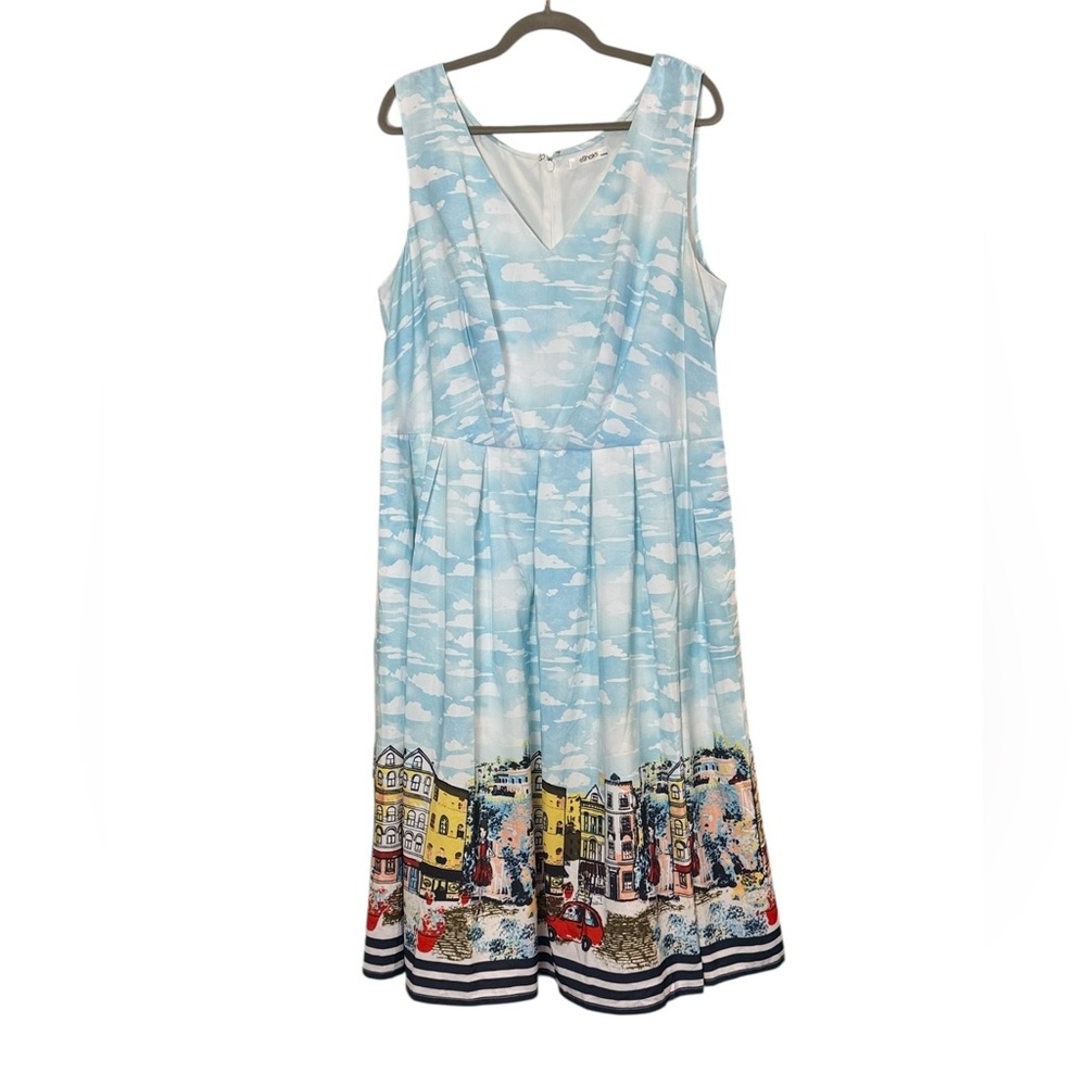 eshakti Light Blue Cloudprint Midi Dress with Scenic Border